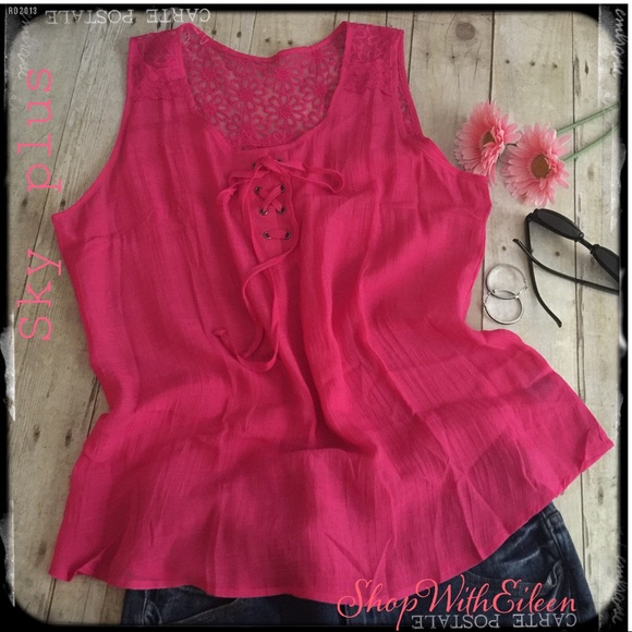Sky Tops - SKY plus Hot Pink Lace Detail Sleeveless Top
